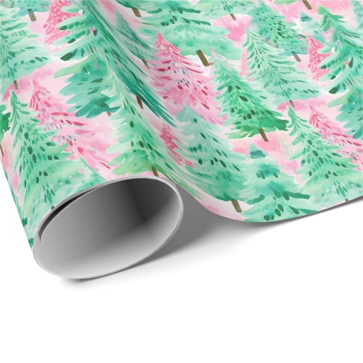 Papier Cadeau Aquarelle de Noël Palm Beach Pink & Green Trees (Coin rond)
