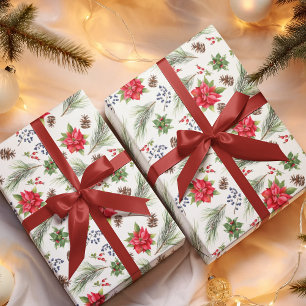 Papier Cadeau Aquarelle de Noël Poinsettia Floral