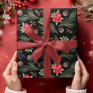 Papier Cadeau Aquarelle de Noël Poinsettia Floral