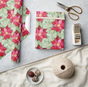 Papier Cadeau Aquarelle de Noël Poinsettia Peinte à la main