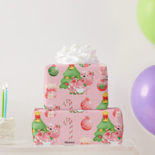 Papier Cadeau Aquarelle de Noël rose et vert Tropical