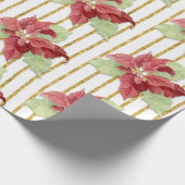 Papier Cadeau Aquarelle de Noël Rouge Flore Feuilles d'or rayure (Coin)