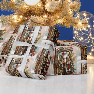 Papier Cadeau Aquarelle de Noël Santa Claus avec chiot