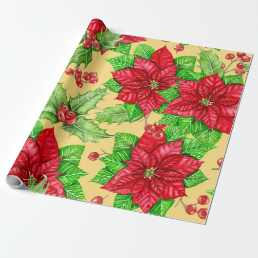 Papier Cadeau Aquarelle de Poinsettia et de baies sèches (Déroulé)