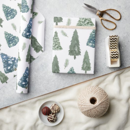 Papier Cadeau Aquarelle d'hiver moderne pin vert arbre Noël (Artisanat)