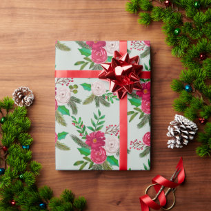 Papier Cadeau Aquarelle d'hiver motifs floraux sur vert clair