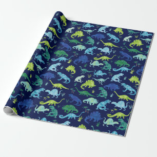 Papier Cadeau Aquarelle Dinosaur Silhouette Green Blue Kids