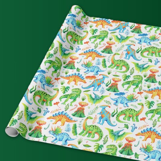 Papier Cadeau Aquarelle Dinosaure Motif Vert, orange, bleu