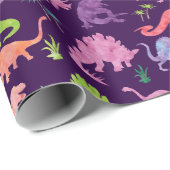 Papier Cadeau Aquarelle Dinosaure Silhouette Enfants violets ros (Coin rond)