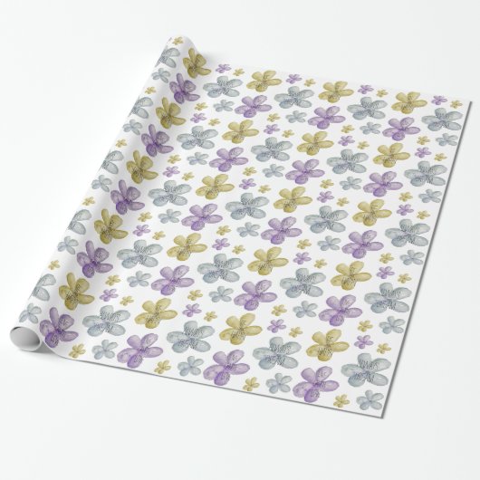 Papier Cadeau Aquarelle d'or violet Fleurs Inspirationnelles (Déroulé)