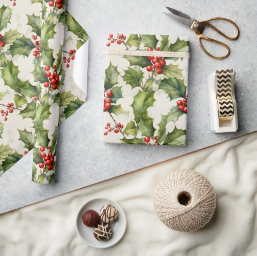Papier Cadeau Aquarelle douce Holly & Berries Design élégant (Artisanat)
