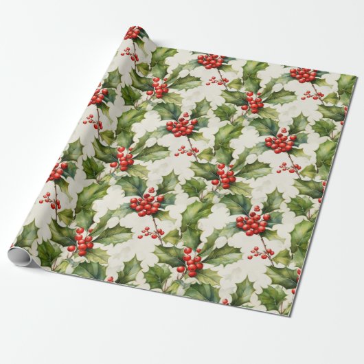 Papier Cadeau Aquarelle douce Holly & Berries Design élégant (Déroulé)