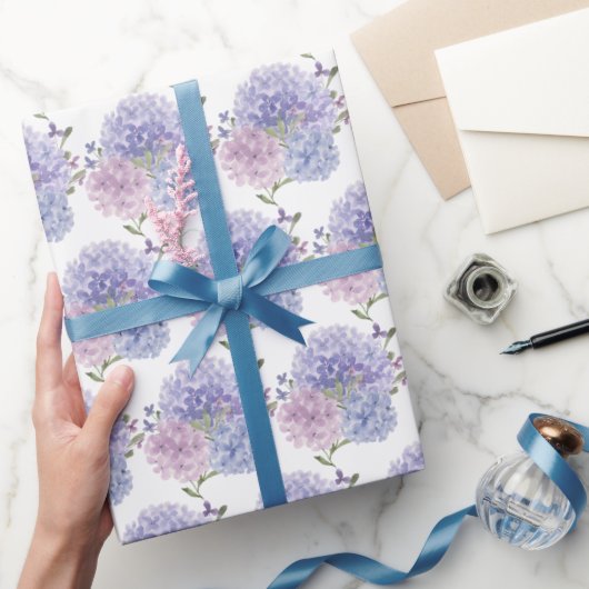 Papier Cadeau Aquarelle Dusty Blue & Lilac Hydrangeas Mariage (Cadeaux)