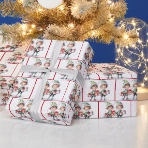 Papier Cadeau Aquarelle Elfes de Noël dans les flocons de neige