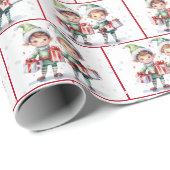 Papier Cadeau Aquarelle Elfes de Noël dans les flocons de neige (Coin rond)