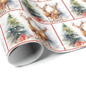 Papier Cadeau Aquarelle Famille De Cerfs De Noël Dans Les Flèche (Coin rond)