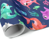 Papier Cadeau Aquarelle Famille de requins Adorable Océan (Coin rond)