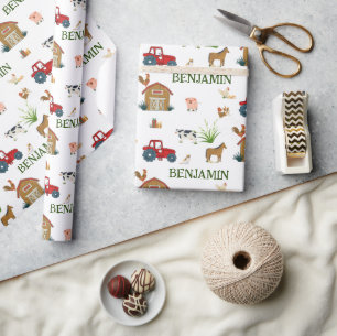 Papier Cadeau Aquarelle Ferme Animaux d'anniversaire Nom personn