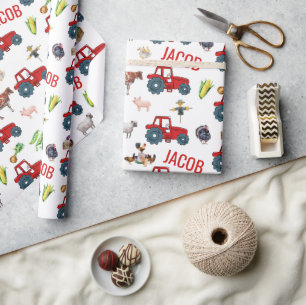 Papier Cadeau Aquarelle Ferme Animaux d'anniversaire Nom personn