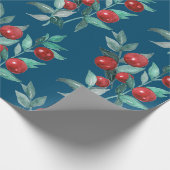 Papier Cadeau Aquarelle Festin Noël Baies rouges Bleu foncé (Coin)