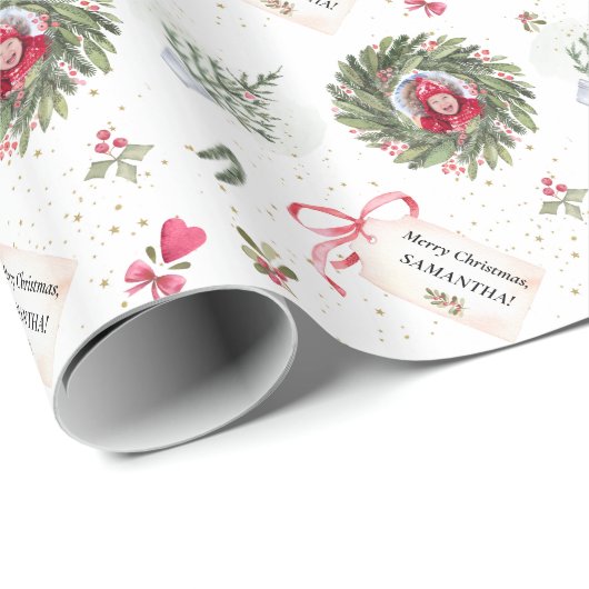 Papier Cadeau Aquarelle Festive Noël Verdure Photo Wrappi (Coin rond)