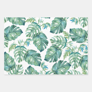 Papier Cadeau Aquarelle Feuille de Père Noël et Palm Tropical