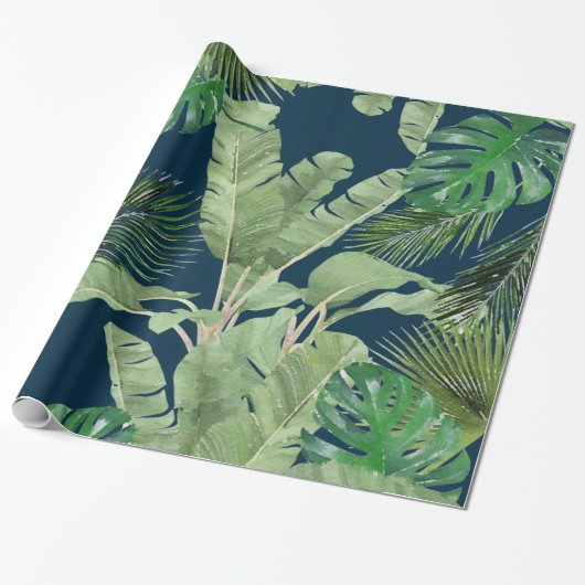 Papier Cadeau Aquarelle Feuille tropical Motif sur bleu foncé (Déroulé)