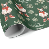 Papier Cadeau Aquarelle Flammes de neige Green Frenchie Chien No (Coin rond)