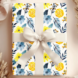 Papier Cadeau Aquarelle Fleur Florale Bohème Jaune Navy