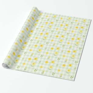 Papier Cadeau Aquarelle Fleur Jaune Gingham Vert