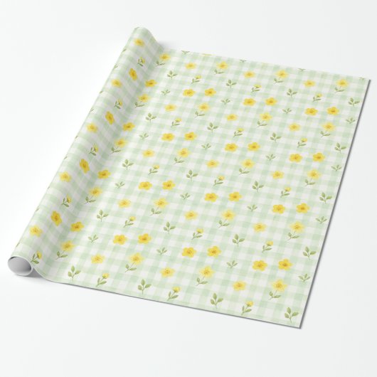 Papier Cadeau Aquarelle Fleur Jaune Gingham Vert (Déroulé)
