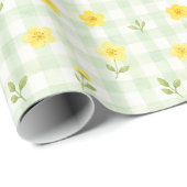 Papier Cadeau Aquarelle Fleur Jaune Gingham Vert (Coin rond)