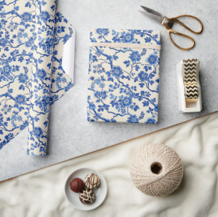 Papier Cadeau Aquarelle fleurs bleues Chinoiserie jardin de prin