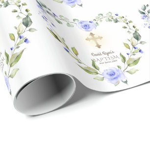 Papier Cadeau Aquarelle Fleurs Bleues Gold Cross Boy Baptême