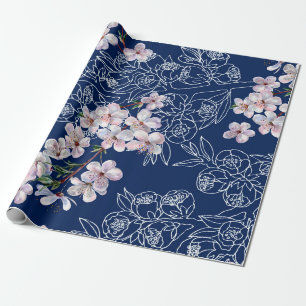 Papier Cadeau Aquarelle fleurs de branche cerise avec branche gr