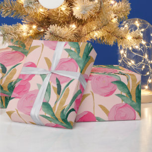 Papier Cadeau Aquarelle Fleurs de printemps roses peintes vibran
