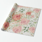 Papier Cadeau Aquarelle Fleurs d'Orange Clair et Roses Rouges (Déroulé)