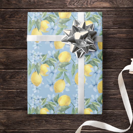Papier Cadeau Aquarelle Fleurs et Citron Bleu
