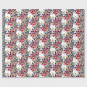 Papier Cadeau Aquarelle Fleurs roses avec Feuilles gris bleu (Plat)