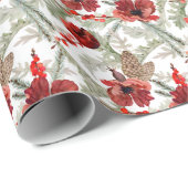 Papier Cadeau Aquarelle Fleurs rouges Motif de Noël vert (Coin rond)