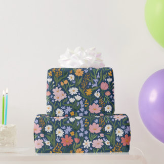 Papier Cadeau Aquarelle Fleurs Vintage Vert Rose Orange