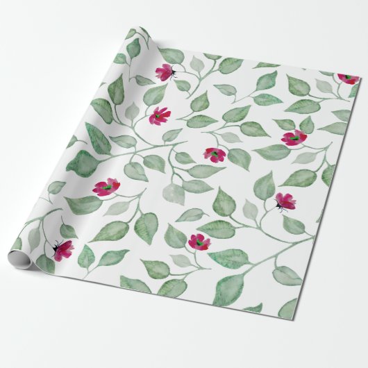 Papier Cadeau Aquarelle Floral Vert Feuilles papier d'enveloppem (Déroulé)