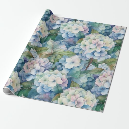 Papier Cadeau Aquarelle Florale Bleue Hydrangée (Déroulé)