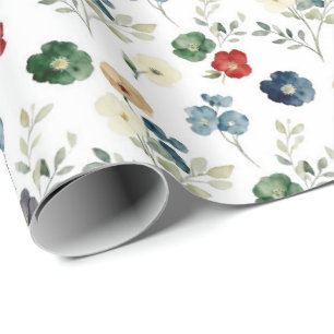 Papier Cadeau Aquarelle florale bleue verte rouge