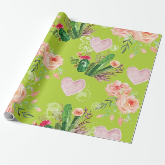 Papier Cadeau Aquarelle florale Cactus vert (Déroulé)