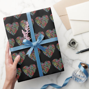 Papier Cadeau Aquarelle Florale Coeur sur noir