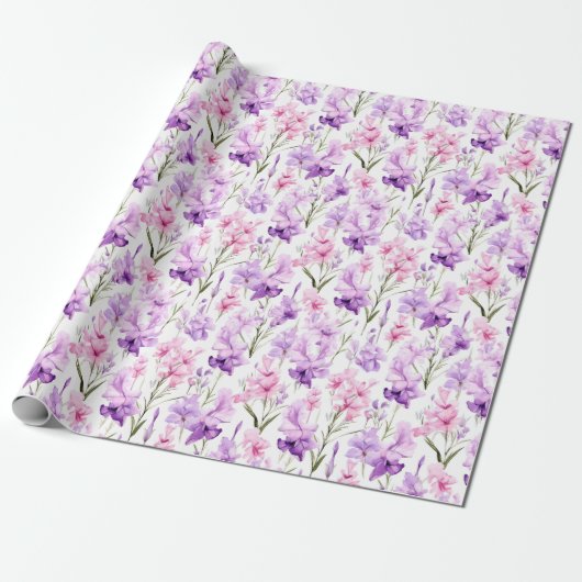 Papier Cadeau Aquarelle florale - Gladiolas rose et violet (Déroulé)