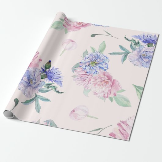 Papier Cadeau Aquarelle florale rose et bleu (Déroulé)