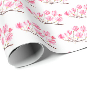 Papier Cadeau Aquarelle florale rose Magnolia élégant Vintage