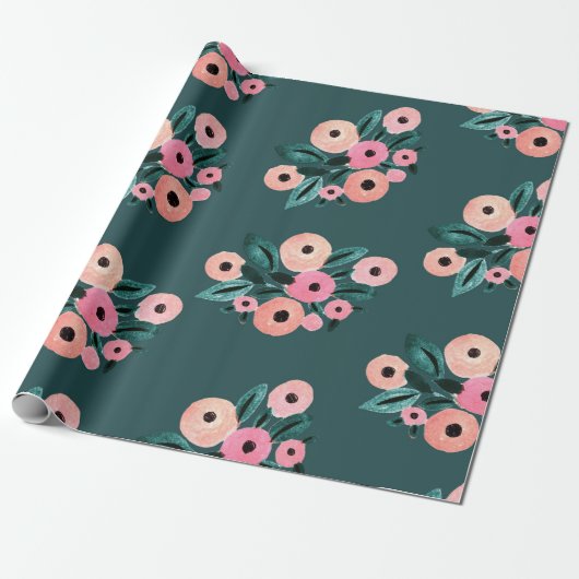 Papier Cadeau Aquarelle florale sarcelle et rose (Déroulé)